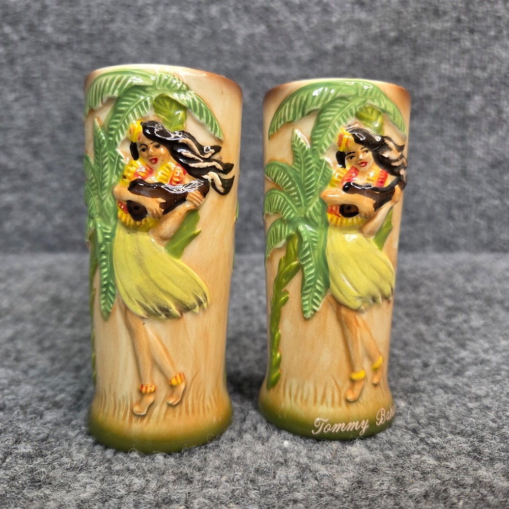 2 Tommy Bahama Hula Girl Ceramic Tiki Shot Glass Set Glasses RARE Shooter 2007